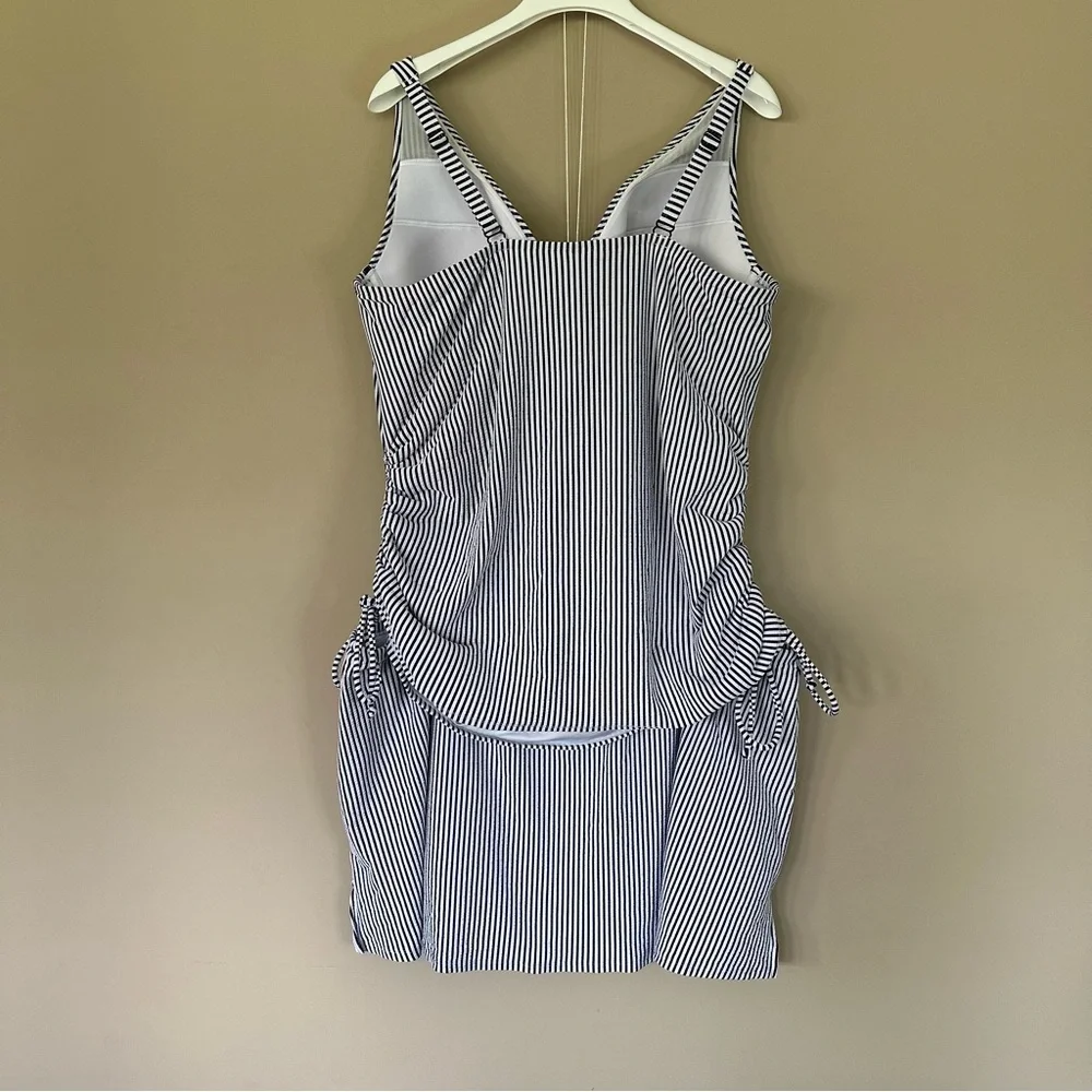 Cacique Swim Suit 42DDD Top sz 24 Bottom Navy White Seersucker Tankini Plunge - Picture 4 of 15